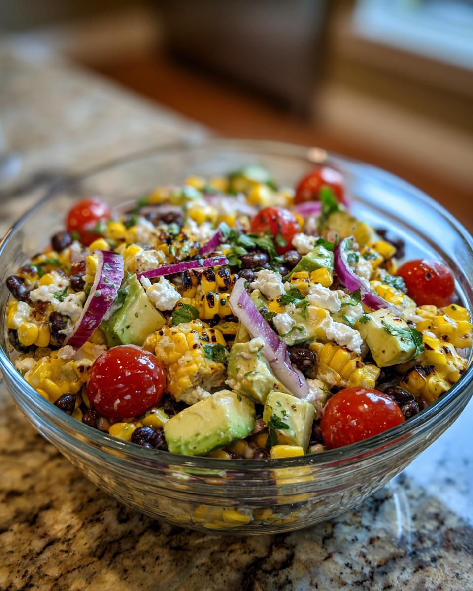 A vibrant bowl of summer salad featuring grilled corn, avocado, black beans, cherry tomatoes, red onion, and feta cheese.