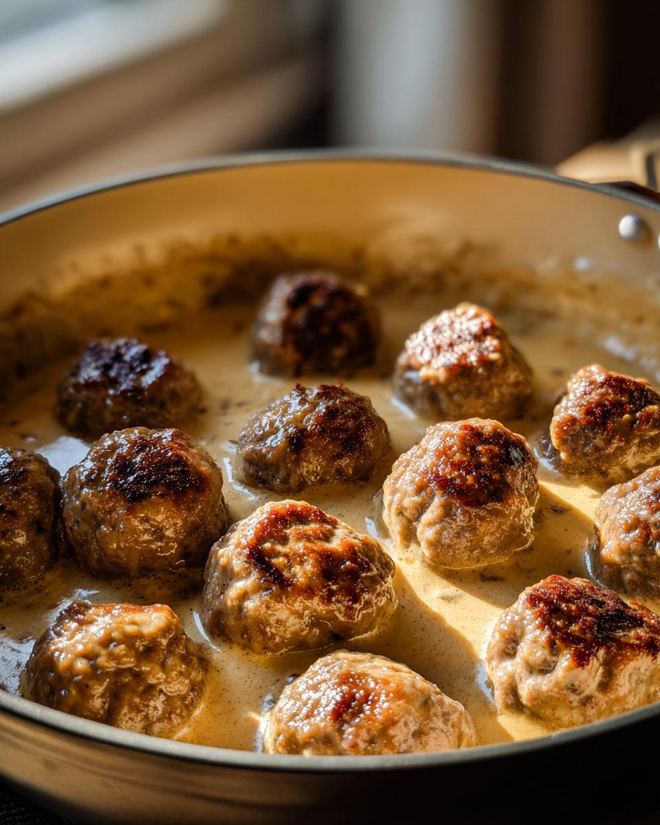 A close-up of golden-brown Swedish meatballs simmering in a rich, creamy sauce in a pan.