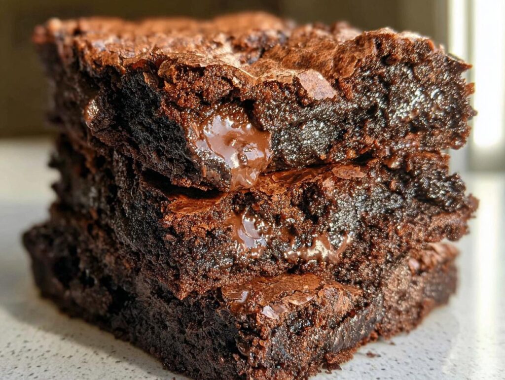 Close-up of a stack of fudgy, rich, tasty zero sugar brownies with melted chocolate chips.