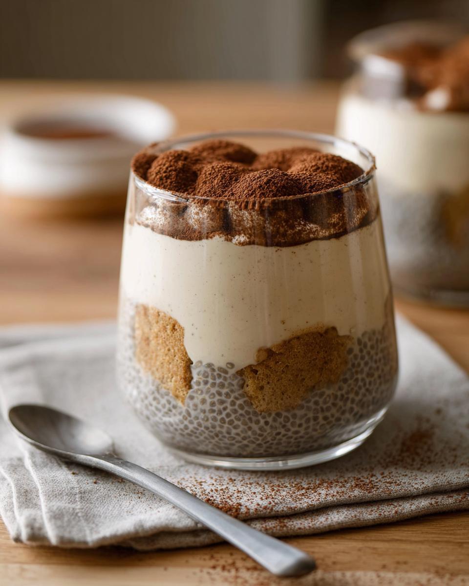 A delicious Tiramisu Chia Pudding layered in a glass with cocoa powder on top.