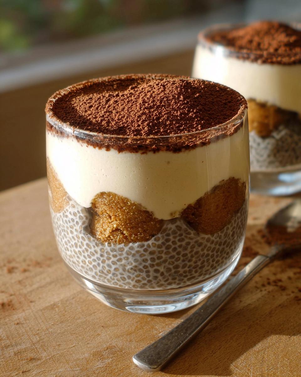 A delicious Tiramisu Chia Pudding served in a glass, topped with cocoa powder.