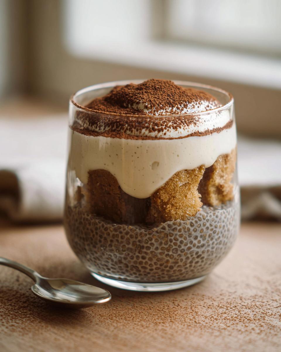 A layered Tiramisu Chia Pudding in a glass, topped with cocoa powder and cream.
