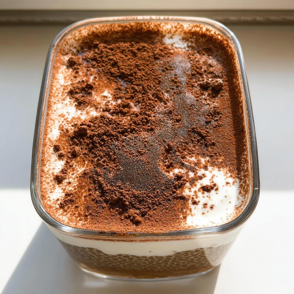 Close-up of Tiramisu Chia Pudding with Greek Yogurt, dusted with cocoa powder.