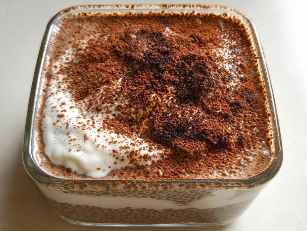 A square glass dish filled with Tiramisu Chia Pudding With Greek Yogurt, topped with cocoa powder and a swirl of cream.