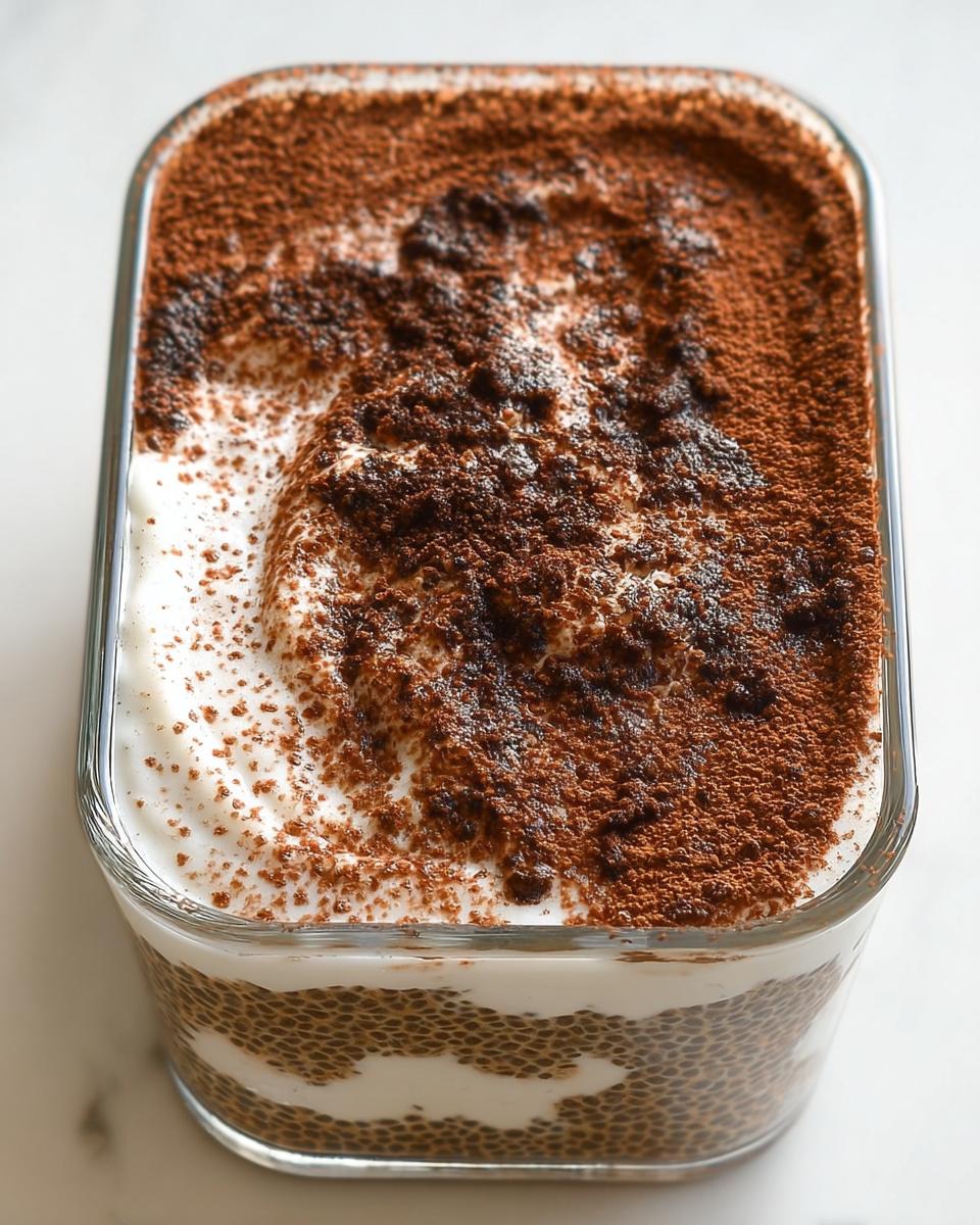 Close-up of Tiramisu Chia Pudding with Greek Yogurt, layered with chia seeds, cream, and dusted with cocoa powder.