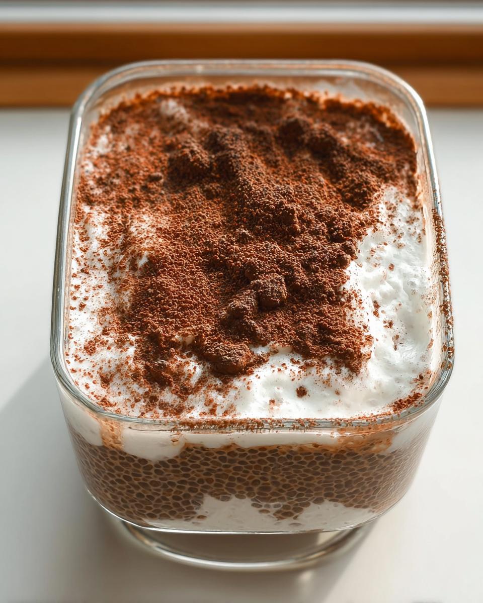 A close-up of Tiramisu Chia Pudding with Greek Yogurt, topped with cocoa powder and fluffy cream.