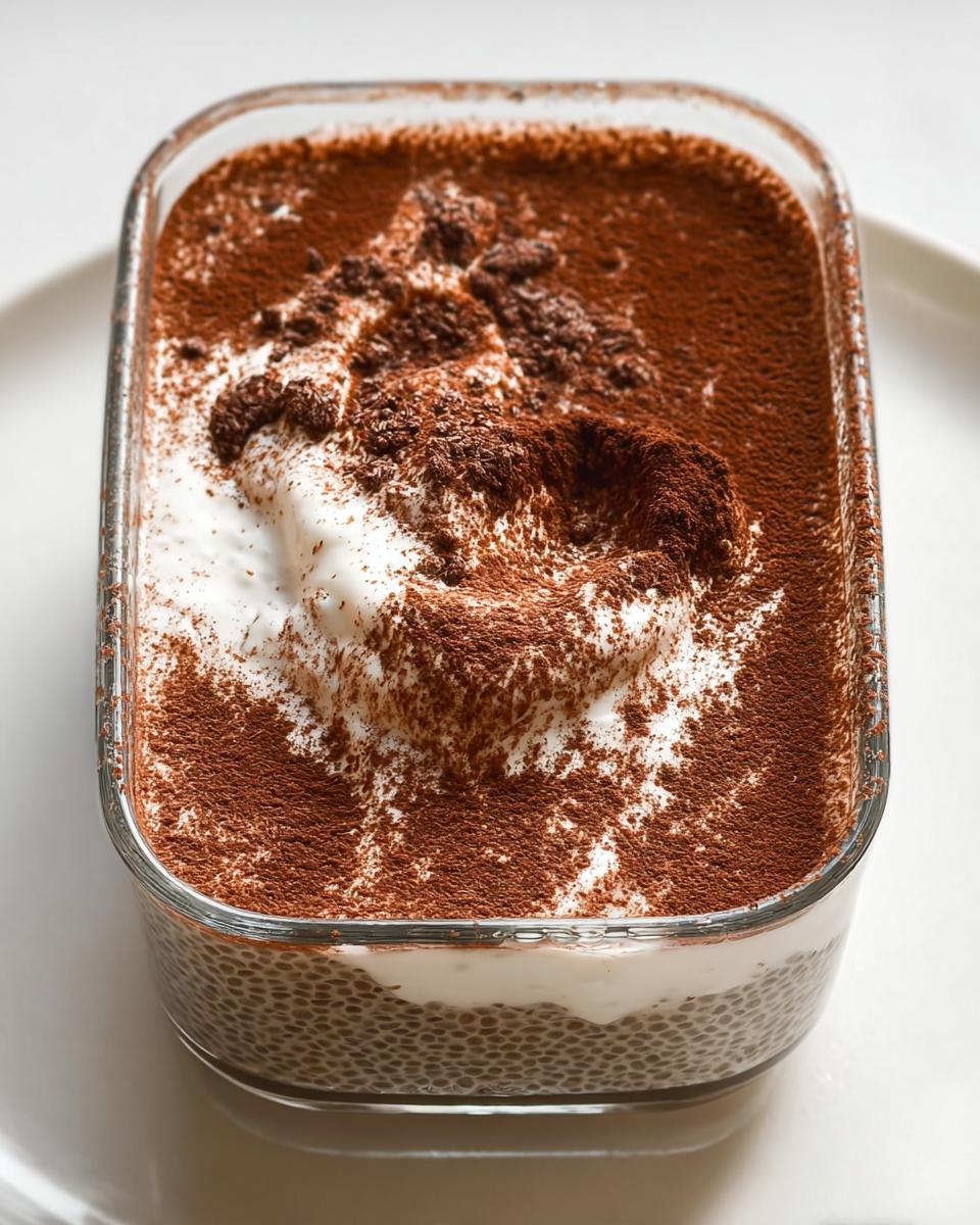 A close-up of Tiramisu Chia Pudding with Greek Yogurt, topped with whipped cream and cocoa powder.
