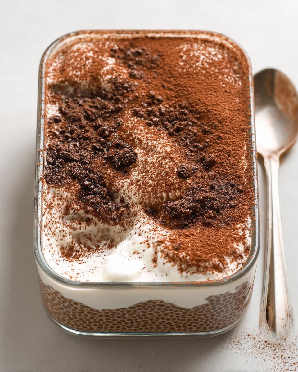 A glass dish filled with Tiramisu Chia Pudding With Greek Yogurt, topped with whipped cream and cocoa powder.