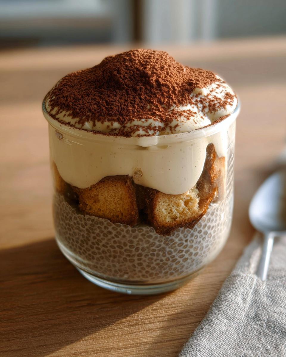 A layered Tiramisu Chia Pudding served in a glass jar, topped with cream and cocoa powder.