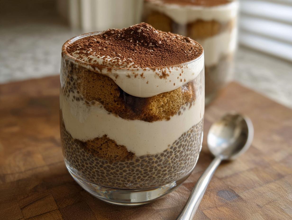 A layered Tiramisu Chia Pudding in a glass, featuring chia pudding, ladyfingers, and cream, dusted with cocoa powder.
