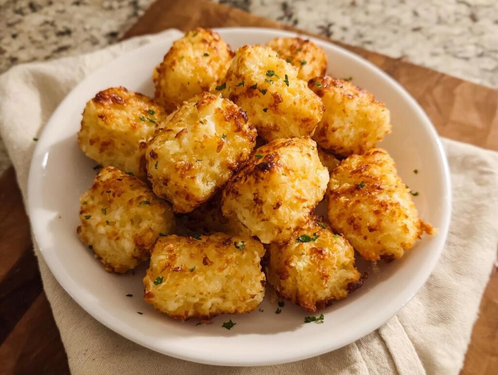 A white bowl filled with golden brown, crispy Two Ingredient Cottage Cheese Tots, sprinkled with parsley.