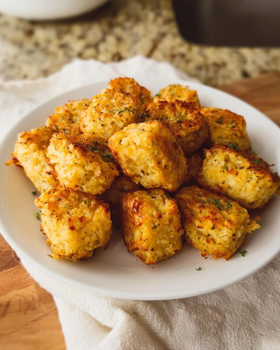 A pile of golden brown Two Ingredient Cottage Cheese Tots sprinkled with herbs on a white plate.