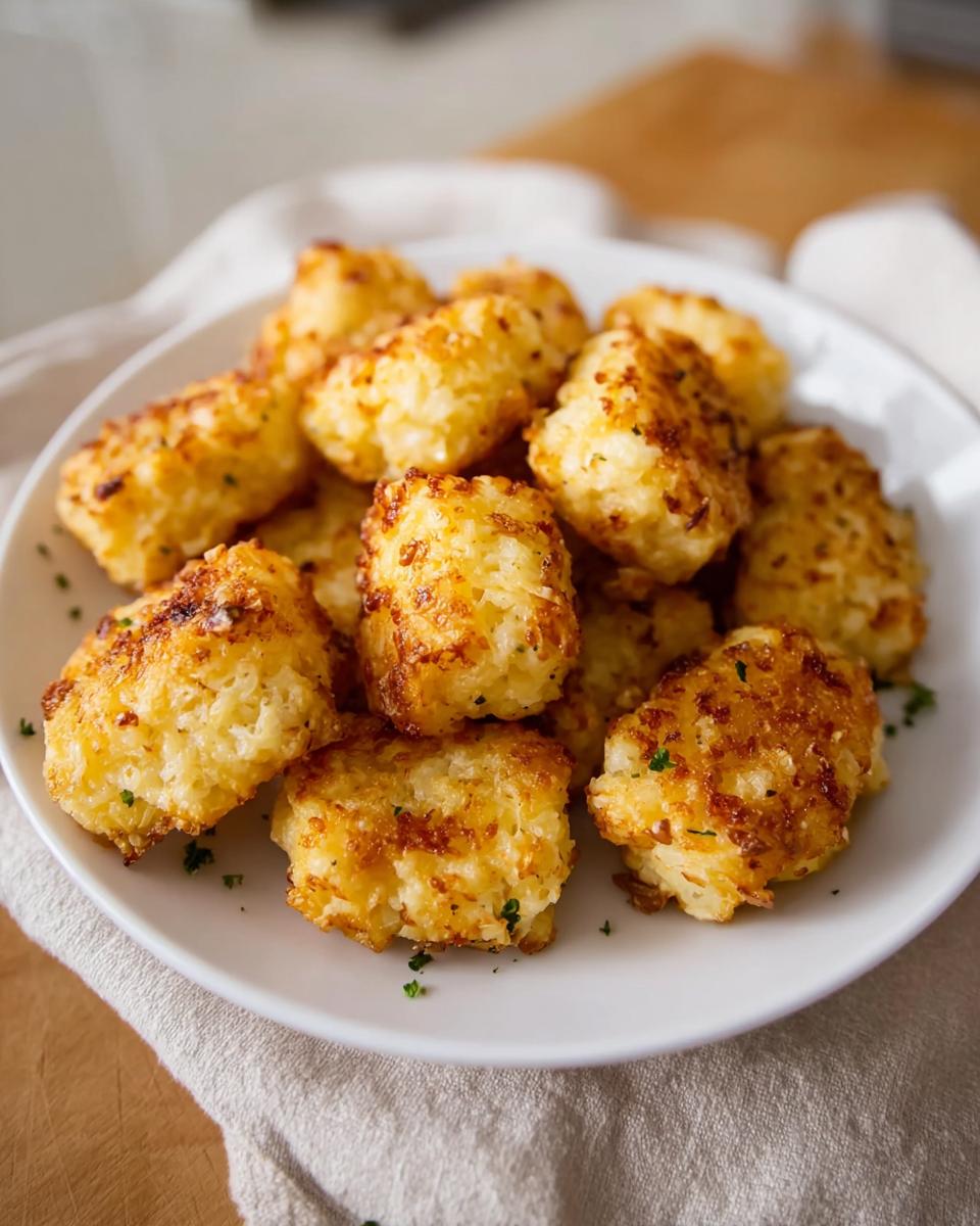 A pile of golden brown Two Ingredient Cottage Cheese Tots on a white plate, garnished with parsley.