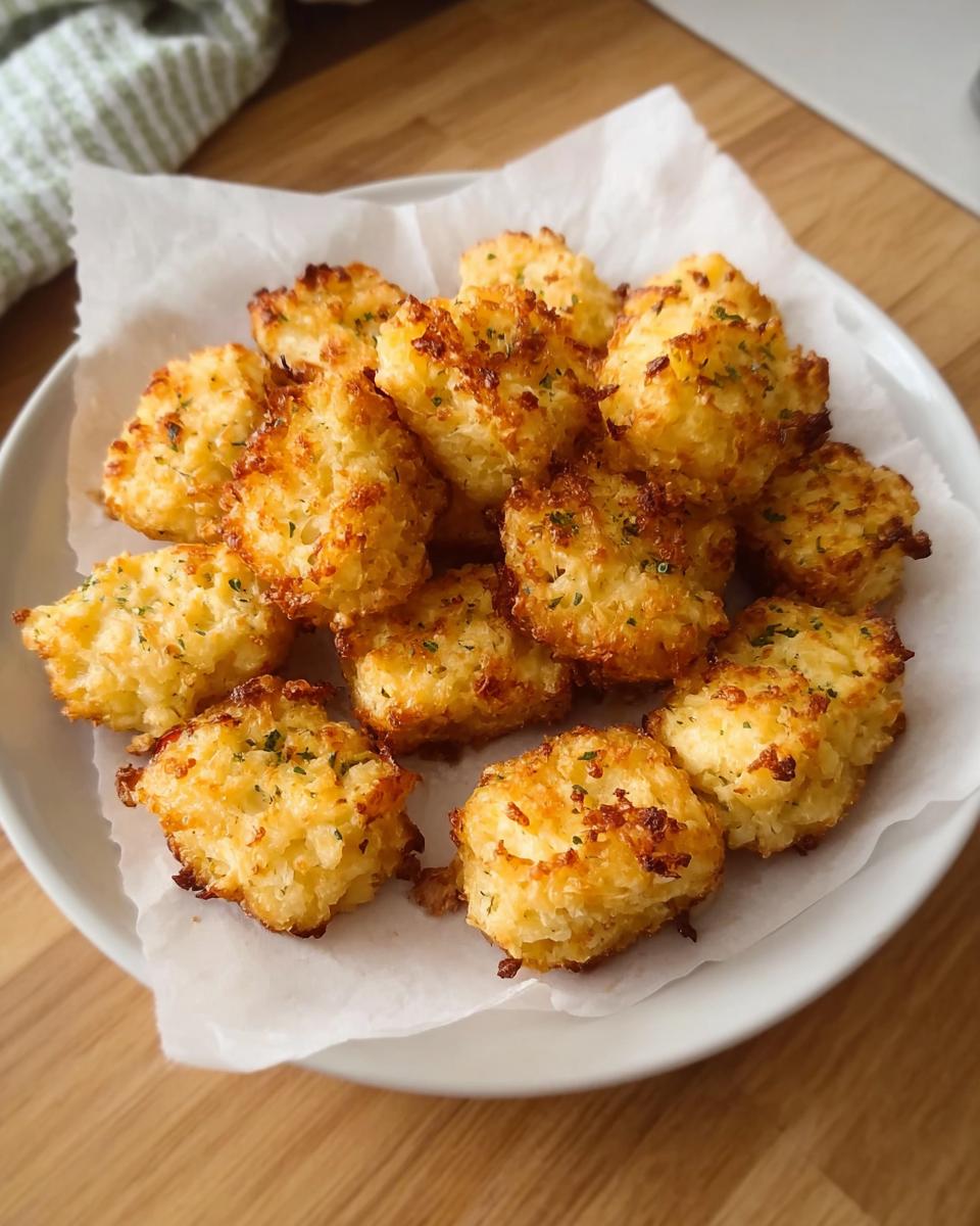 A pile of golden brown Two Ingredient Cottage Cheese Tots sprinkled with herbs on a white plate.