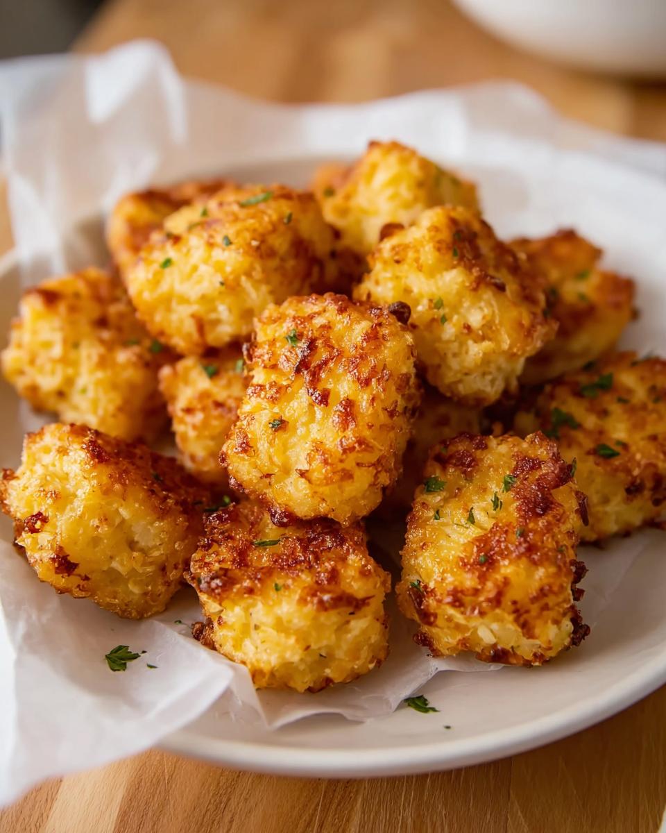 A pile of golden brown Two Ingredient Cottage Cheese Tots sprinkled with parsley on a white plate.