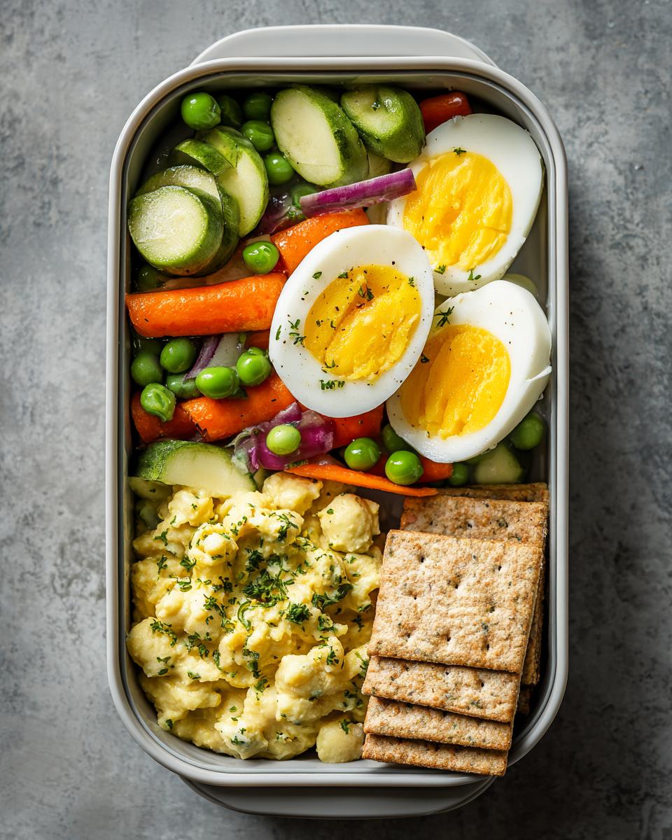 Overhead view of a bento box with scrambled eggs, hard-boiled eggs, carrots, peas, zucchini, red onion, and crackers, perfect for healthy lunch ideas for fast days.