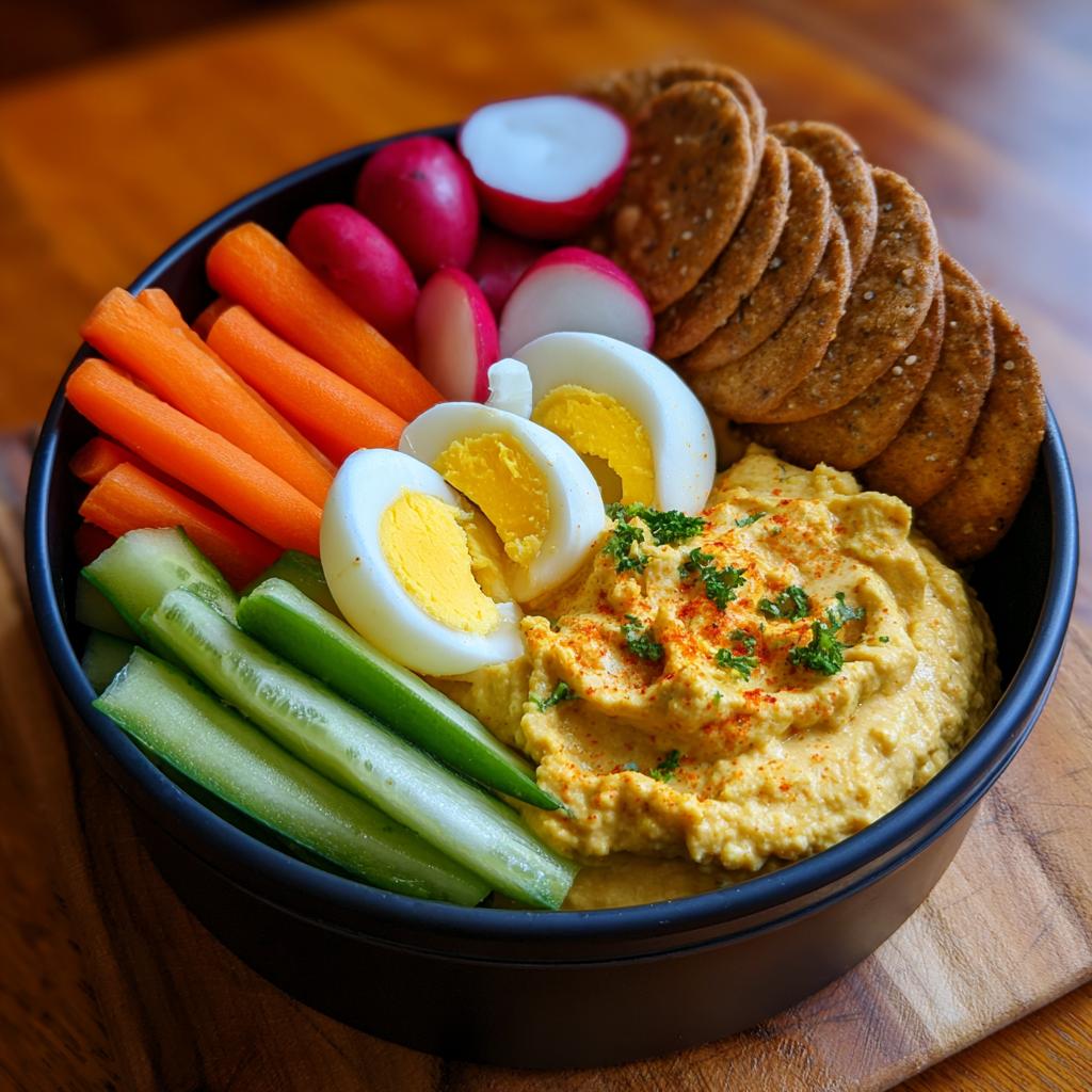 A black bowl filled with veggie hummus, hard-boiled eggs, cucumber sticks, carrot sticks, radishes, and crackers, perfect for healthy lunch ideas.