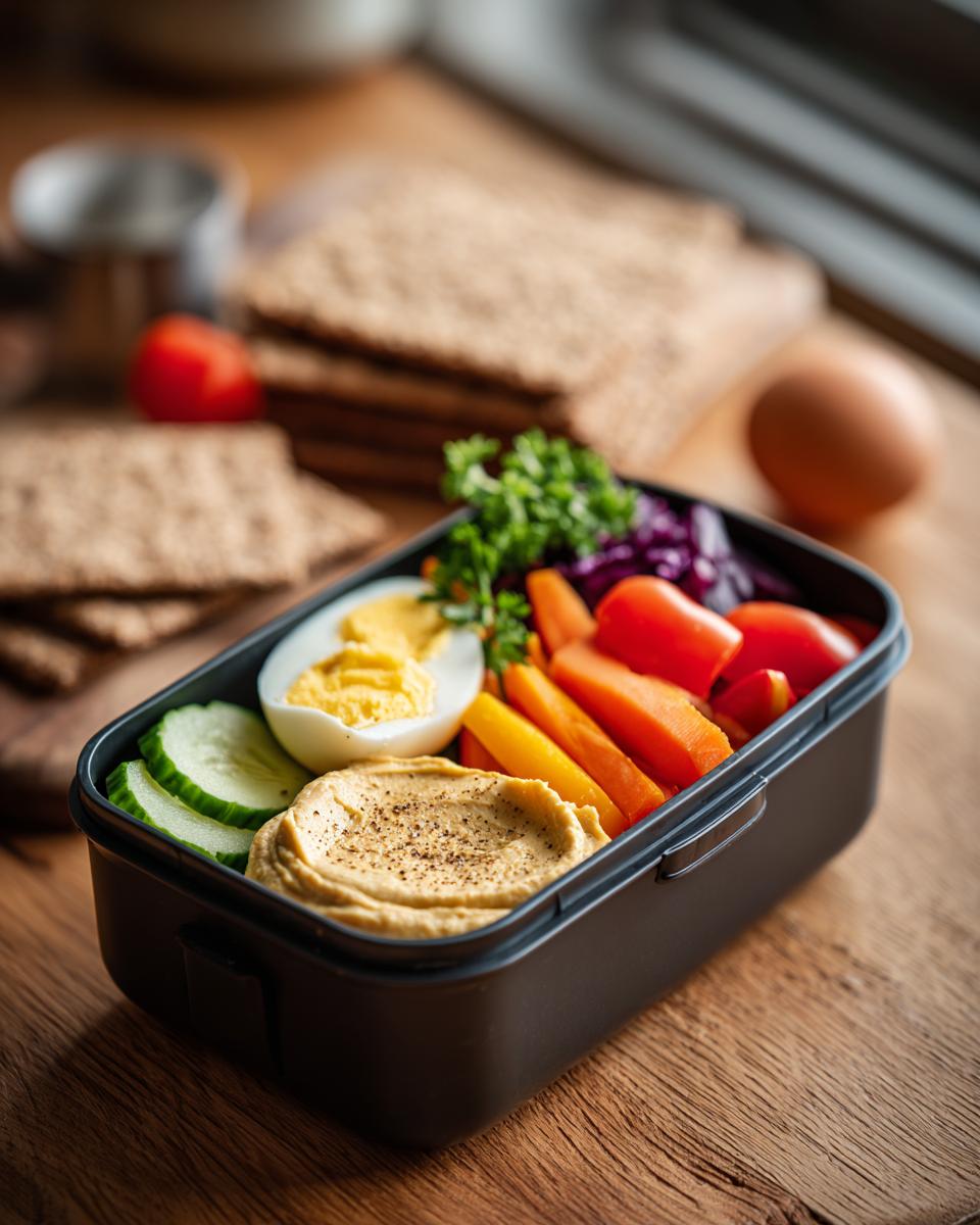 A bento box filled with hummus, sliced cucumber, hard-boiled egg, carrots, tomatoes, and red cabbage, perfect for healthy lunch ideas.