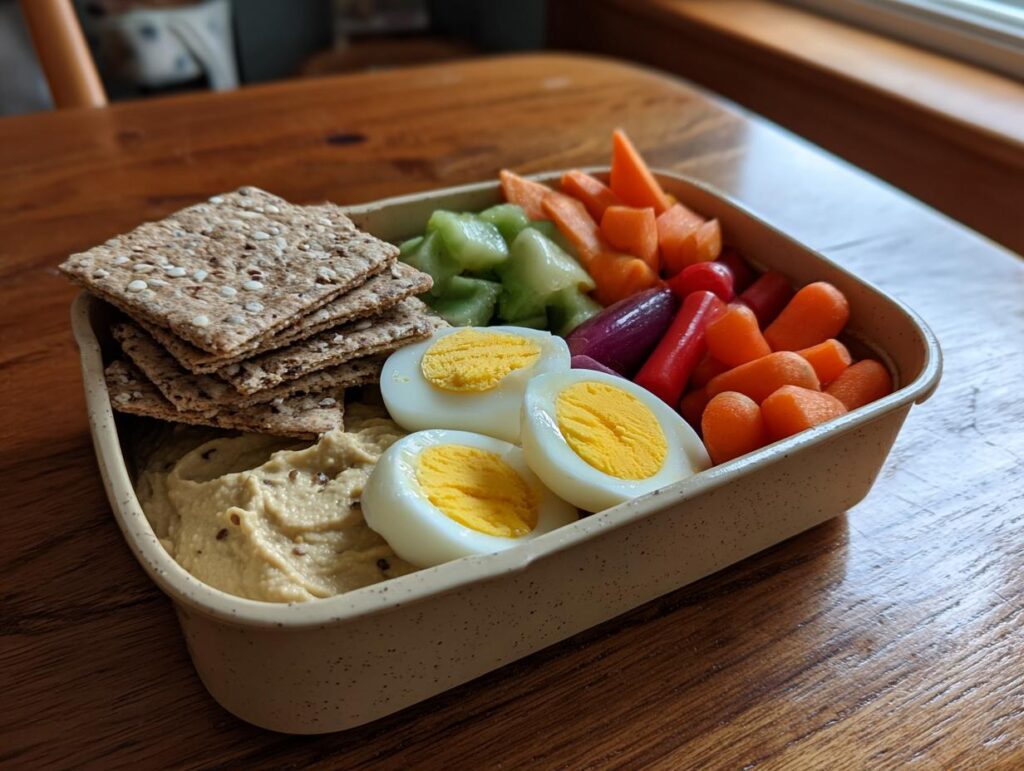 A bento box with hummus, hard-boiled eggs, crackers, and assorted raw vegetables, perfect for healthy lunch ideas.
