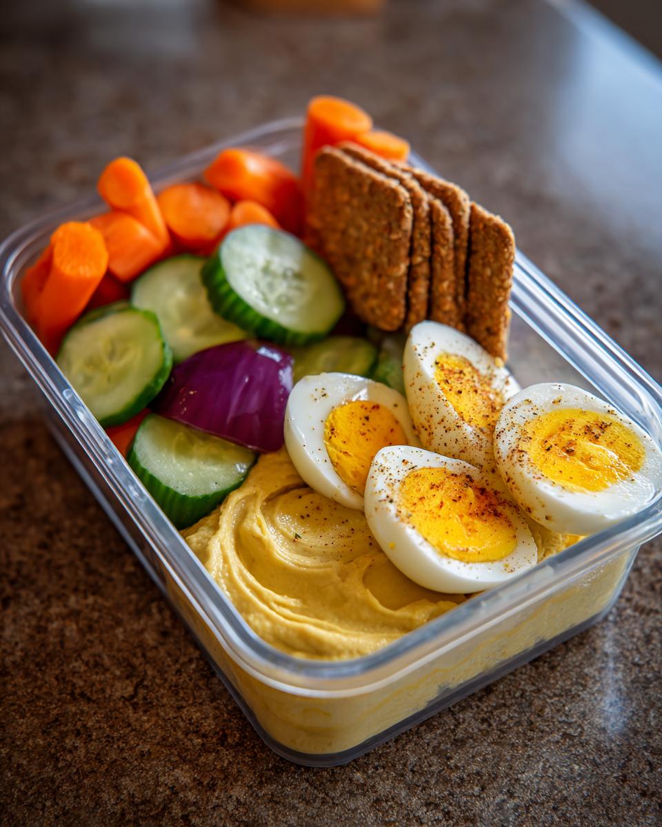 A clear bento box filled with healthy lunch ideas: veggie hummus, hard-boiled eggs, cucumber slices, carrots, red onion, and crackers.