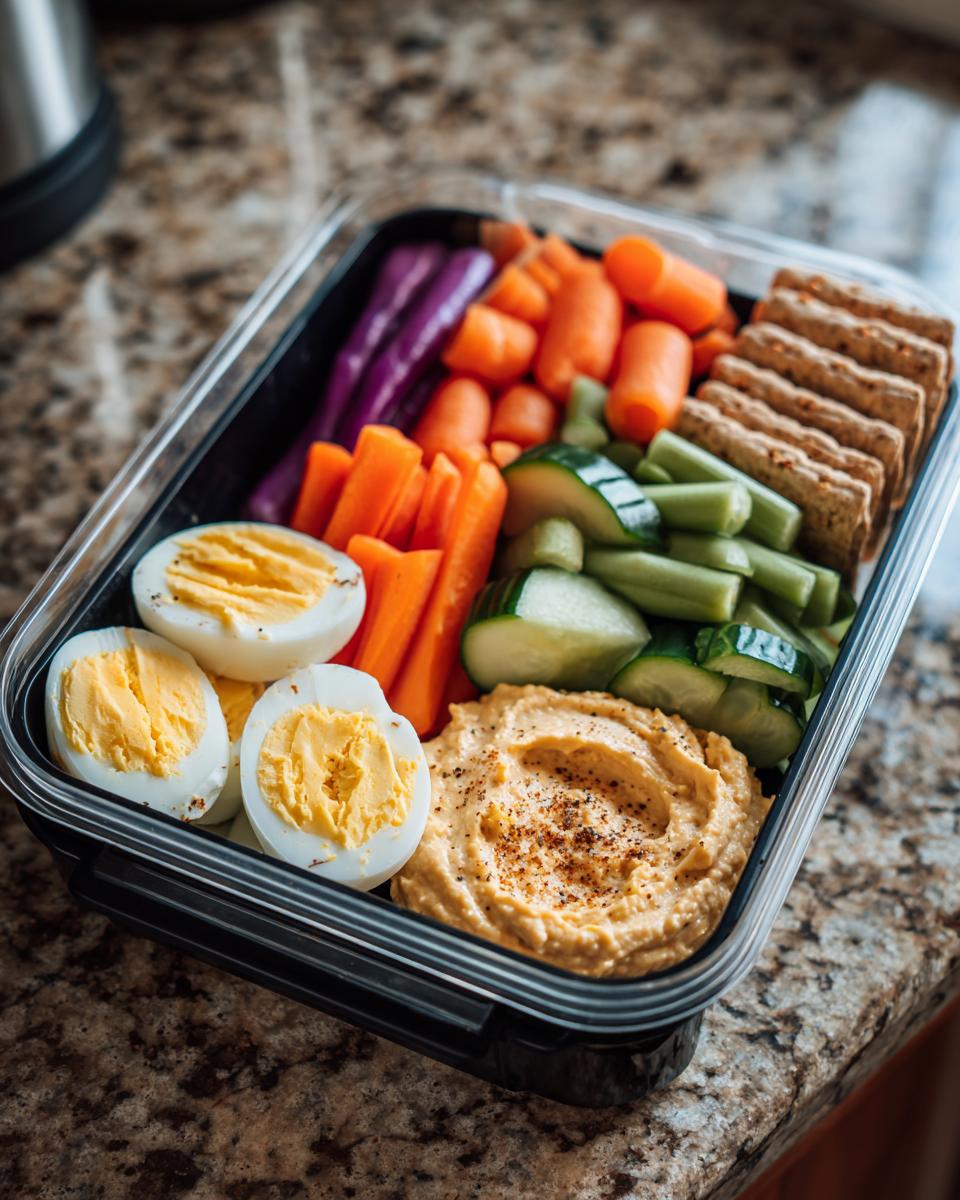 A bento box filled with veggie hummus, hard-boiled eggs, carrots, cucumber, purple cabbage, and crackers for healthy lunch ideas.
