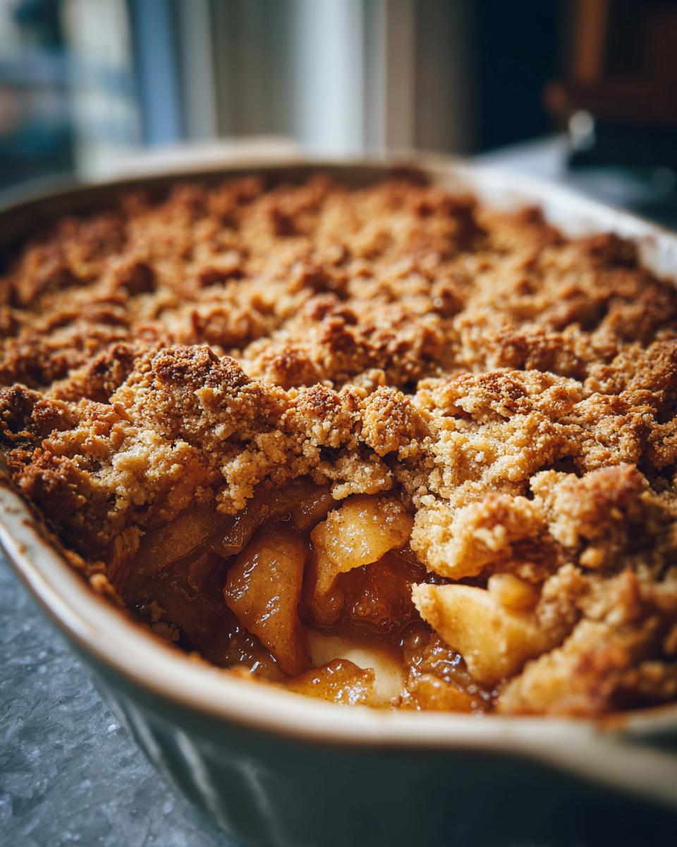 Close-up of a warm and buttery apple crisp in a baking dish, showing tender apple slices and a golden crumb topping.