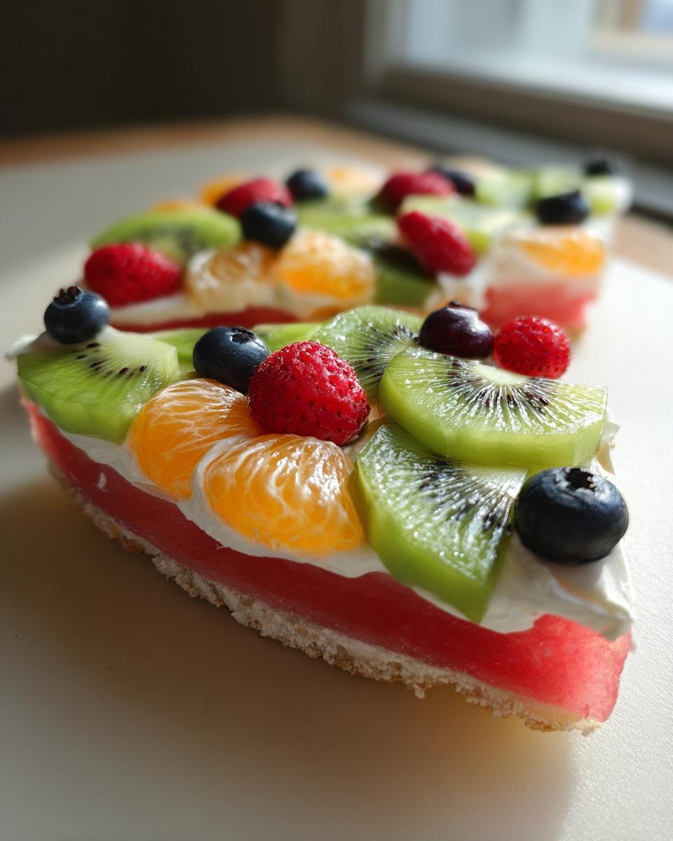 A slice of watermelon fruit pizza topped with whipped cream, kiwi, raspberries, blueberries, and mandarin orange slices.