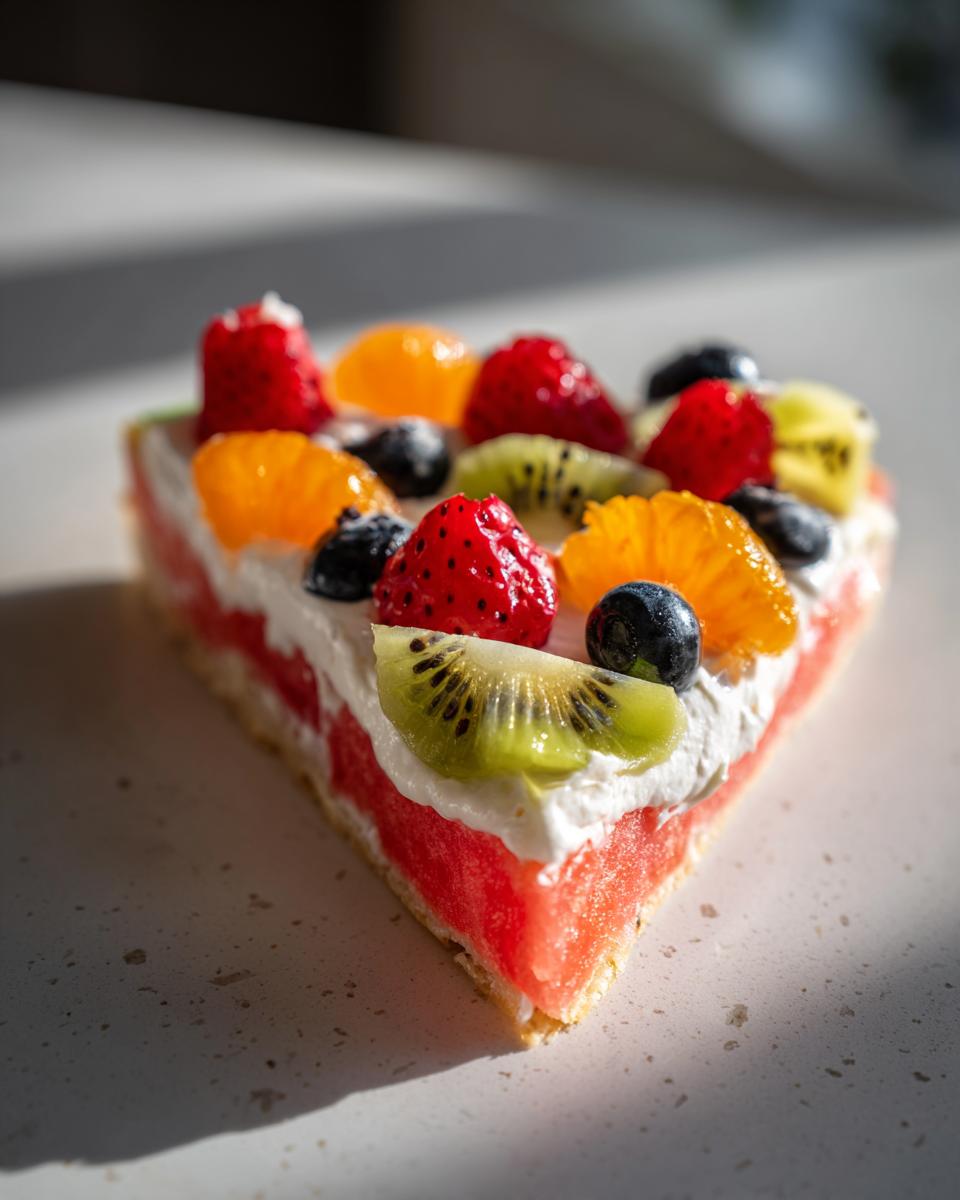 A slice of watermelon fruit pizza topped with whipped cream and fresh berries, strawberries, kiwi, and blueberries.