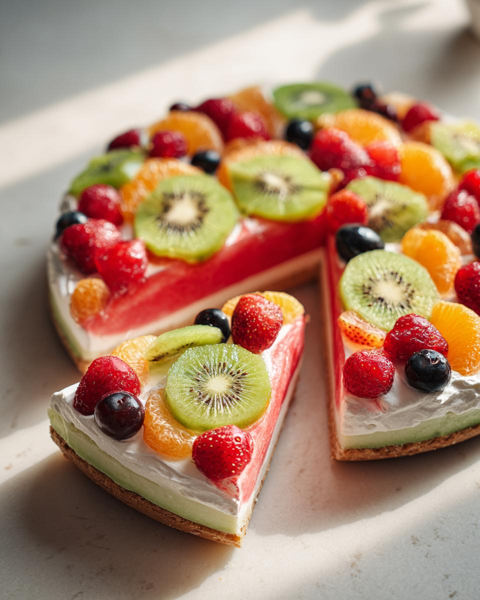 A slice of watermelon fruit pizza topped with berries, kiwi, and orange slices, perfect for summer dessert.