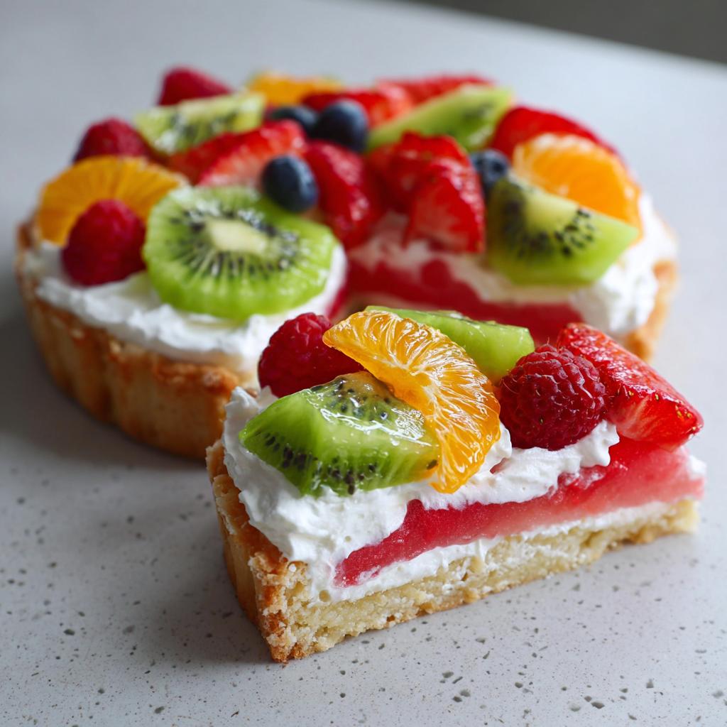 A slice of a vibrant Watermelon Recipes With Berry Fruit Pizza, topped with fresh kiwi, strawberries, raspberries, and mandarin orange slices.