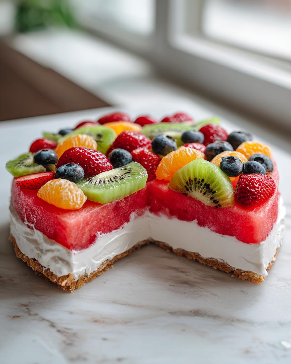 A refreshing watermelon and berry fruit pizza with a creamy base and a graham cracker crust, perfect for summer dessert.