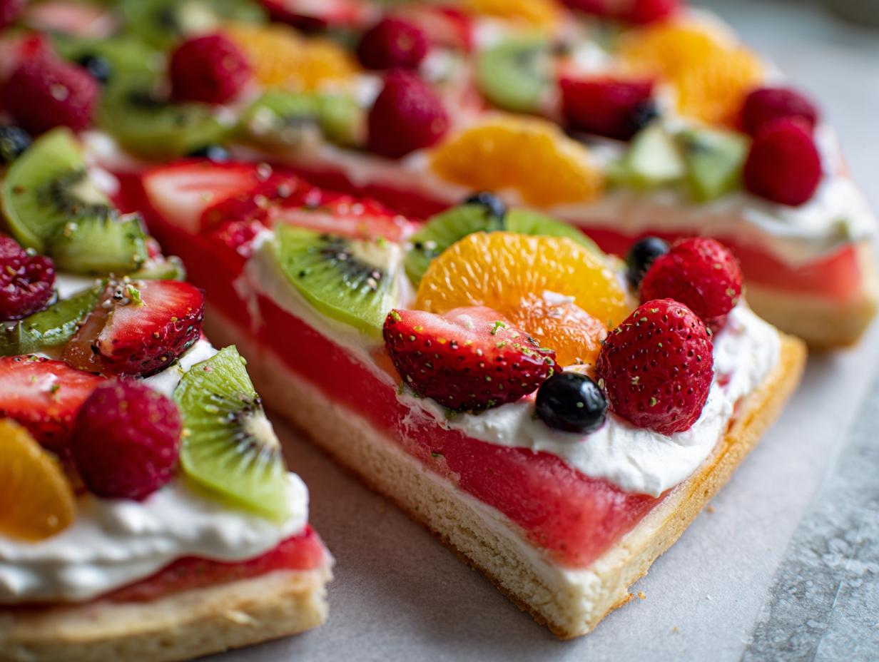 Close-up of a slice of Watermelon Berry Fruit Pizza, topped with fresh strawberries, kiwi, oranges, raspberries, and blueberries.