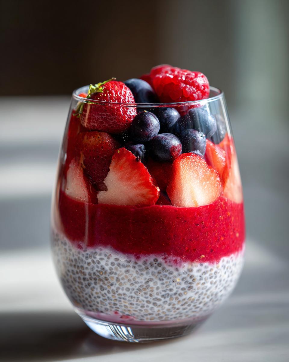 Close-up of a layered Watermelon Chia Parfait with fresh berries, strawberry puree, and chia pudding.