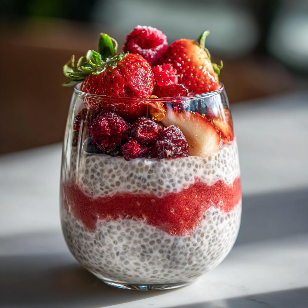 Close-up of a glass filled with layered watermelon chia parfaits, topped with fresh strawberries and raspberries.