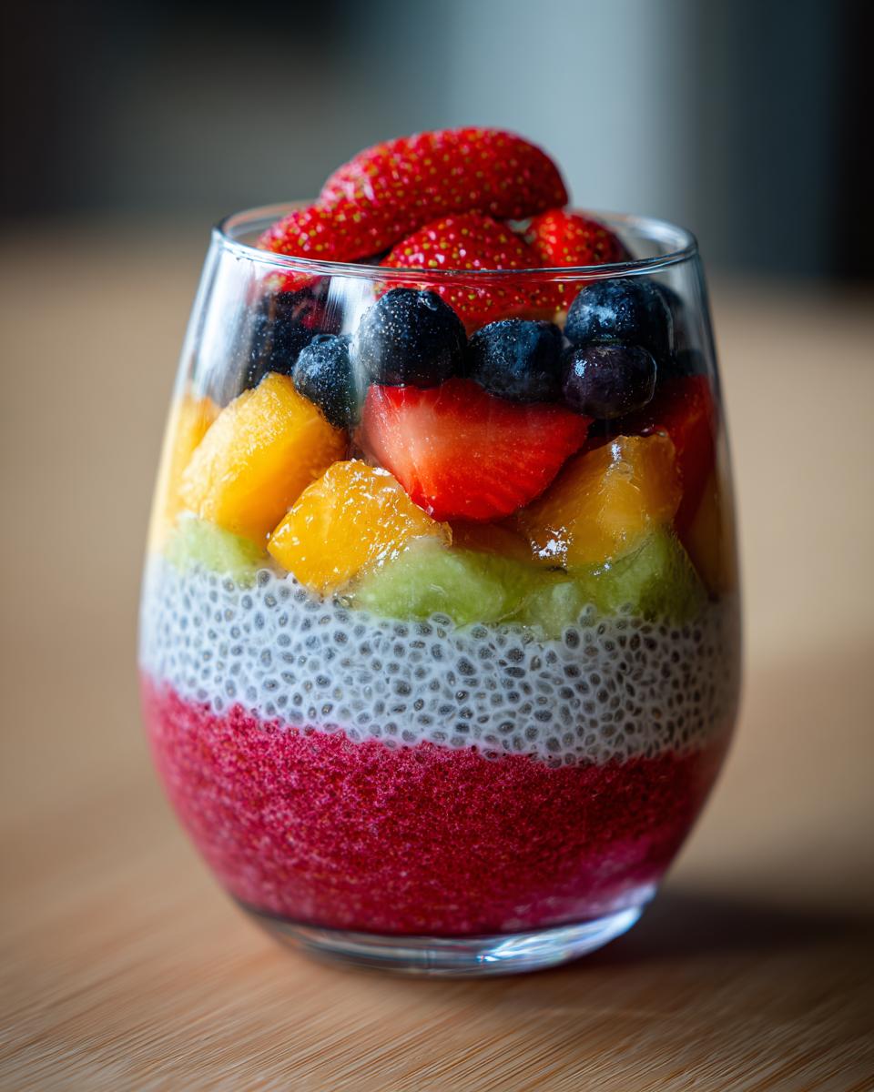 A vibrant glass parfait layered with watermelon puree, chia pudding, kiwi, mango, blueberries, and strawberries.