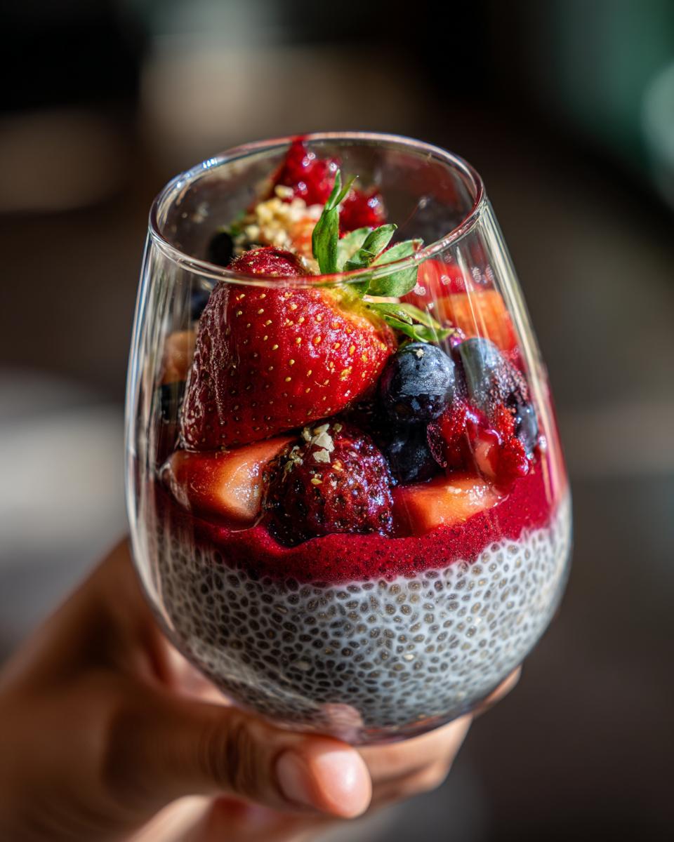 Close-up of a hand holding a glass of Watermelon Recipes for Chia Parfaits with layers of chia pudding, fruit puree, strawberries, blueberries, and granola.