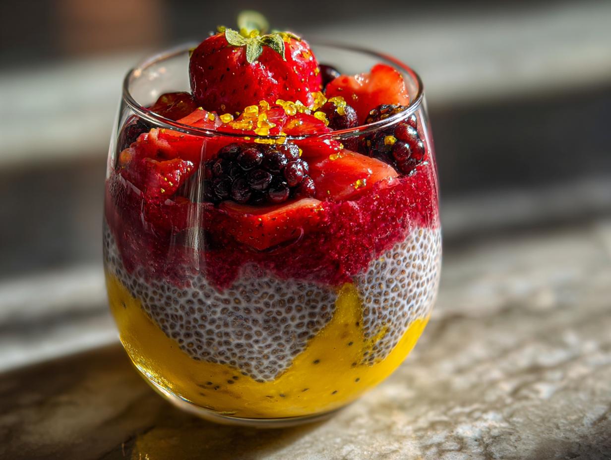 A refreshing glass of watermelon chia parfait with layers of fruit, including strawberries and blackberries.
