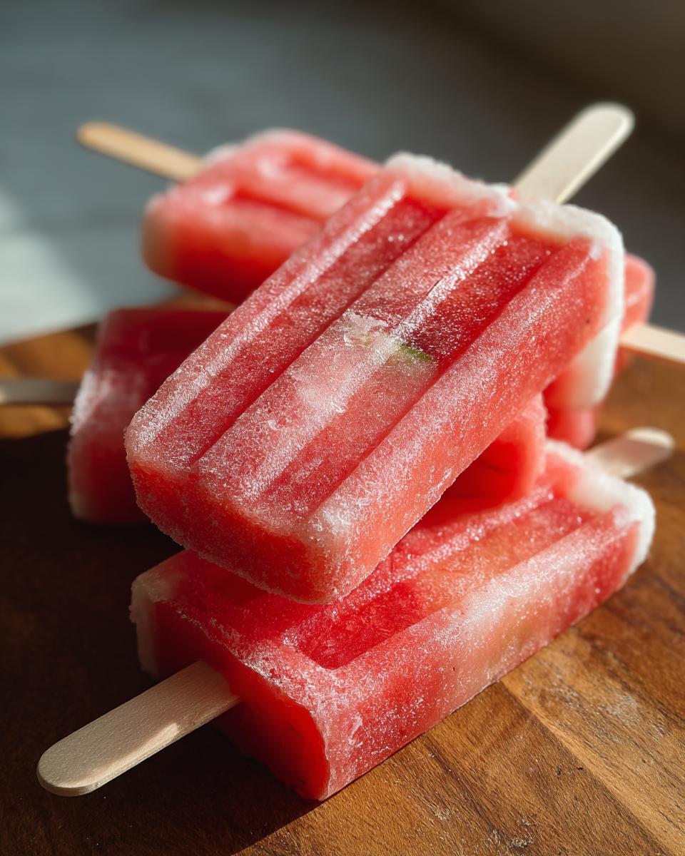 Close-up of refreshing watermelon recipes with coconut lime popsicles stacked on a wooden board.