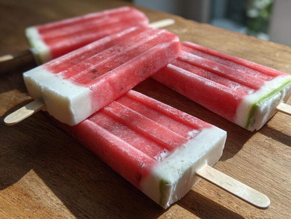 Close-up of refreshing watermelon coconut lime popsicles on a wooden board, perfect for kids.
