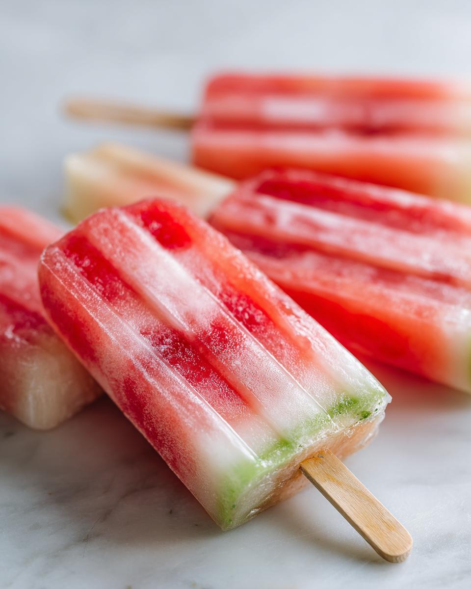 Close-up of refreshing watermelon recipes with coconut lime popsicles on a marble surface.