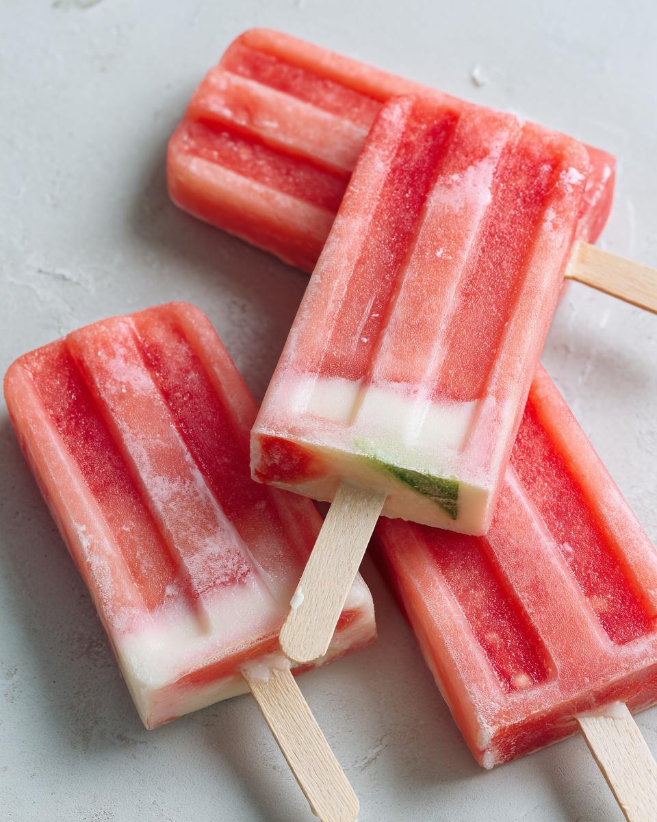 Three refreshing watermelon coconut lime popsicles on a light gray surface, perfect for kids.