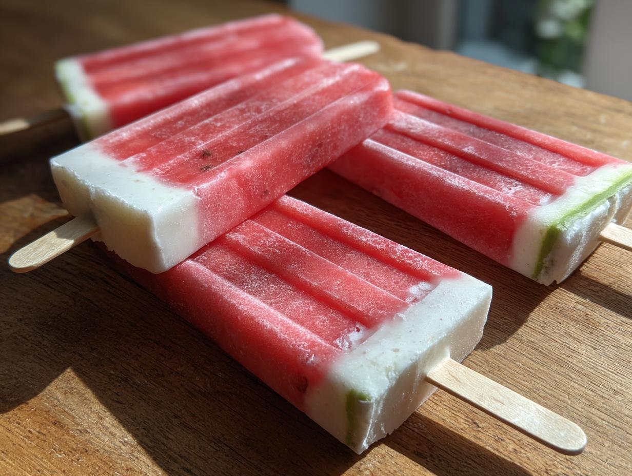Close-up of refreshing watermelon coconut lime popsicles on a wooden board, perfect for kids.