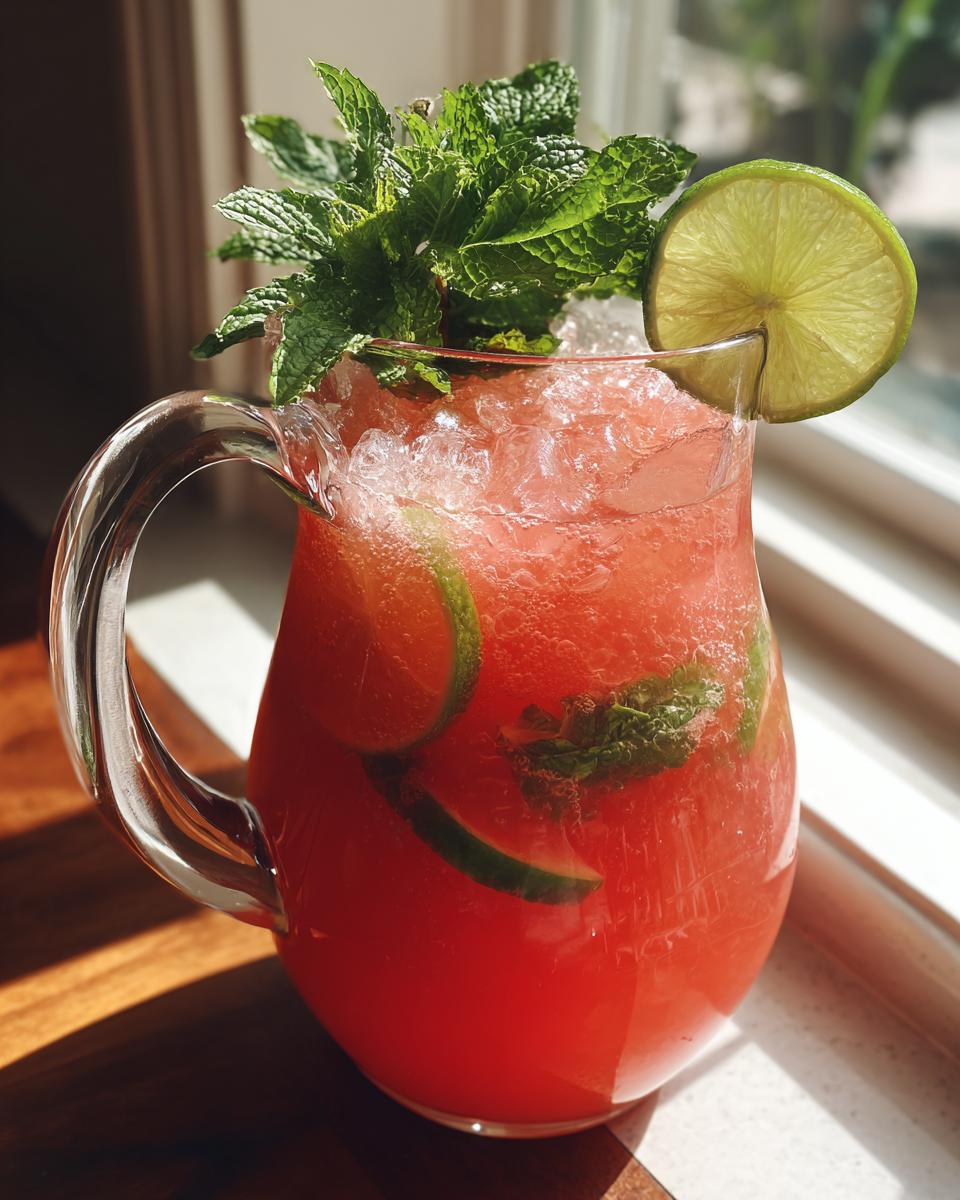 A pitcher of refreshing Watermelon Cucumber Agua Fresca, filled with ice, lime slices, and mint.