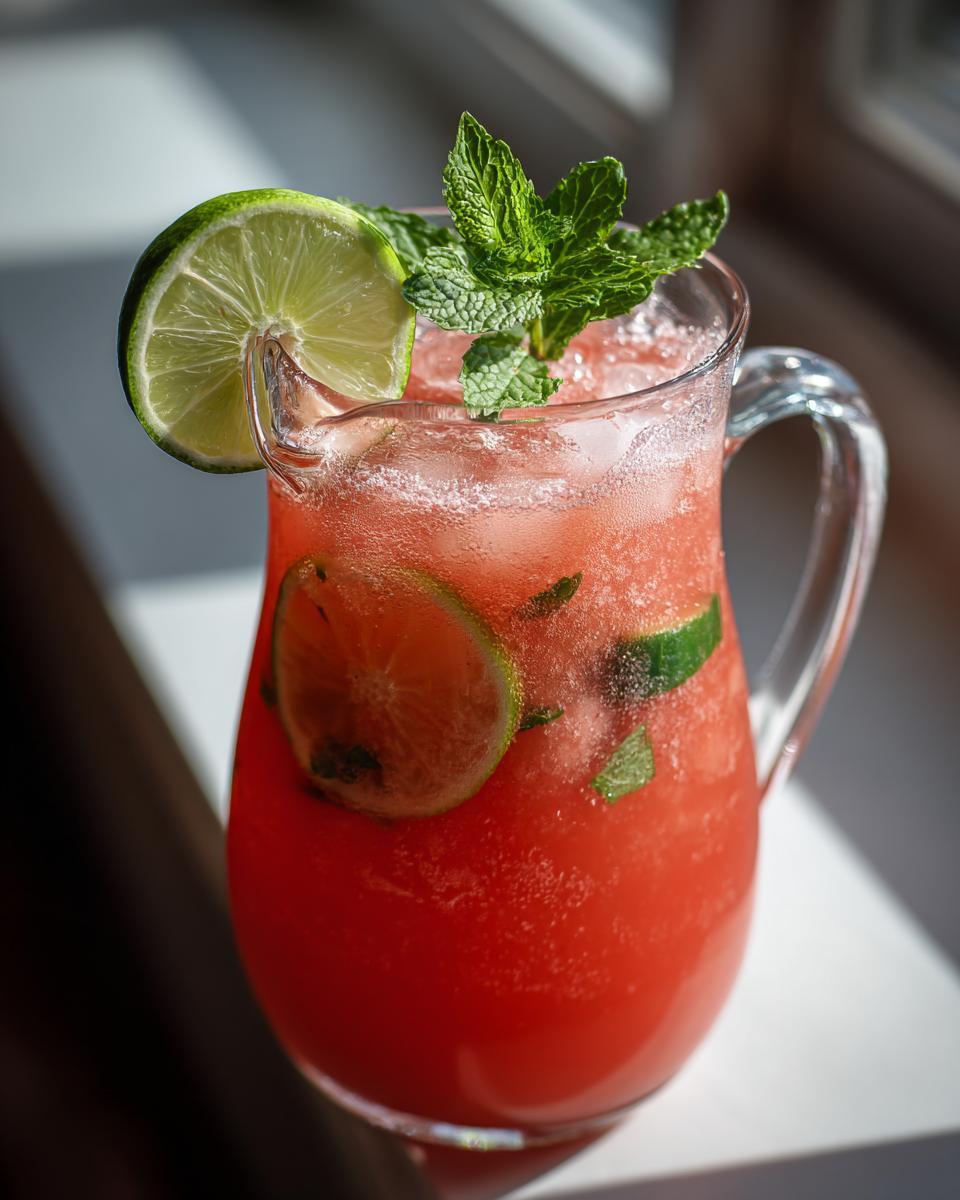A pitcher filled with vibrant Watermelon Cucumber Agua Fresca, garnished with lime slices and fresh mint leaves.
