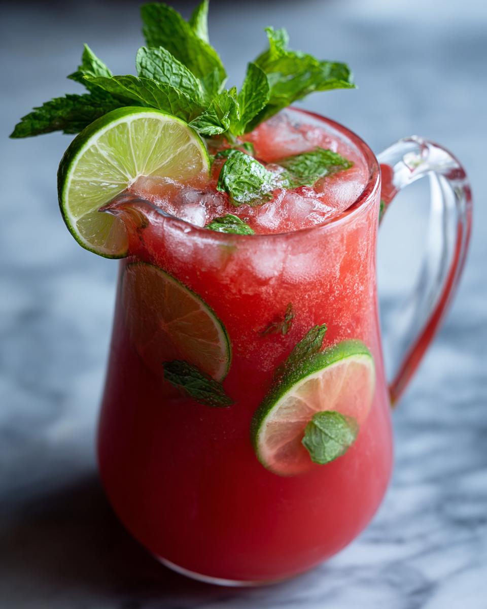 A pitcher filled with refreshing watermelon cucumber agua fresca, garnished with lime slices and mint leaves.