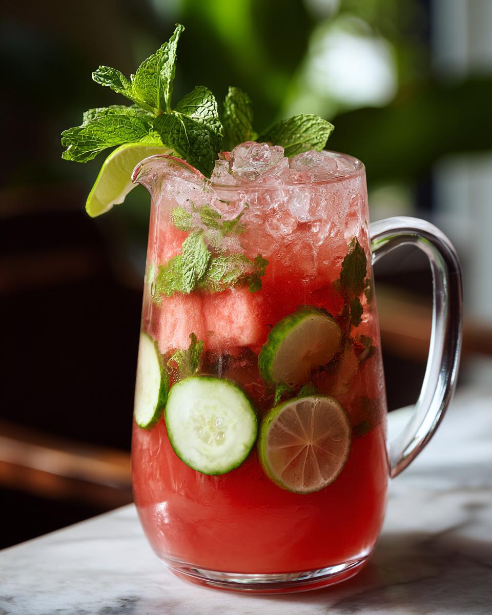A clear pitcher filled with watermelon, cucumber slices, mint, and ice, showcasing a vibrant watermelon cucumber agua fresca.
