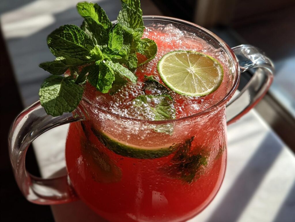 A pitcher filled with watermelon cucumber agua fresca, garnished with mint and lime slices, perfect for backyard parties.