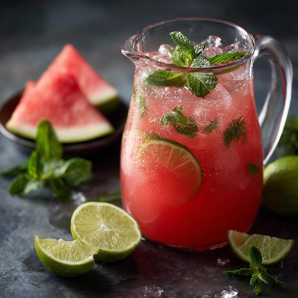 A pitcher of vibrant pink Watermelon Cucumber Agua Fresca with mint and lime slices, perfect for backyard parties.