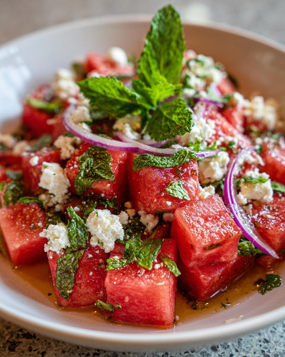 Close-up of a refreshing watermelon salad with feta cheese, mint, and red onion, perfect for summer.
