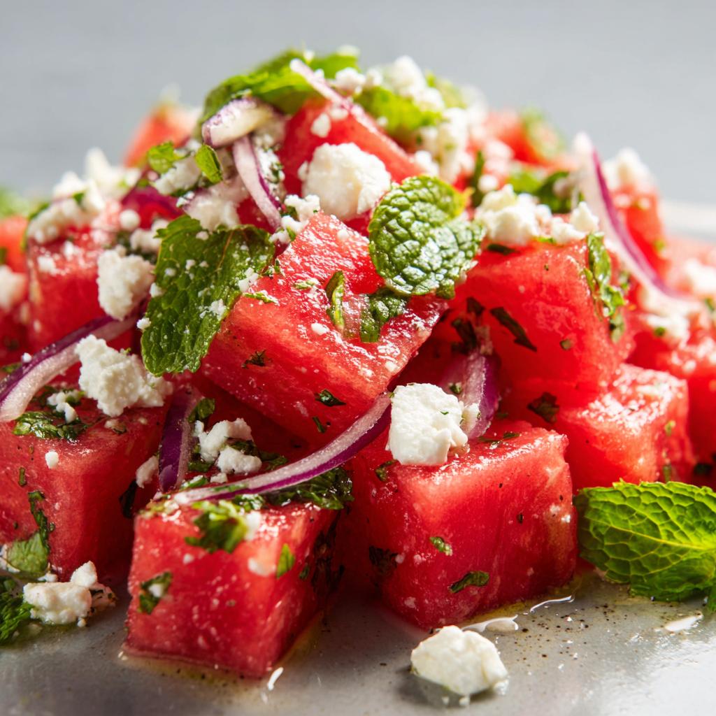 Close-up of a refreshing Watermelon Feta Mint Salad with cubed watermelon, crumbled feta, red onion, and fresh mint leaves.